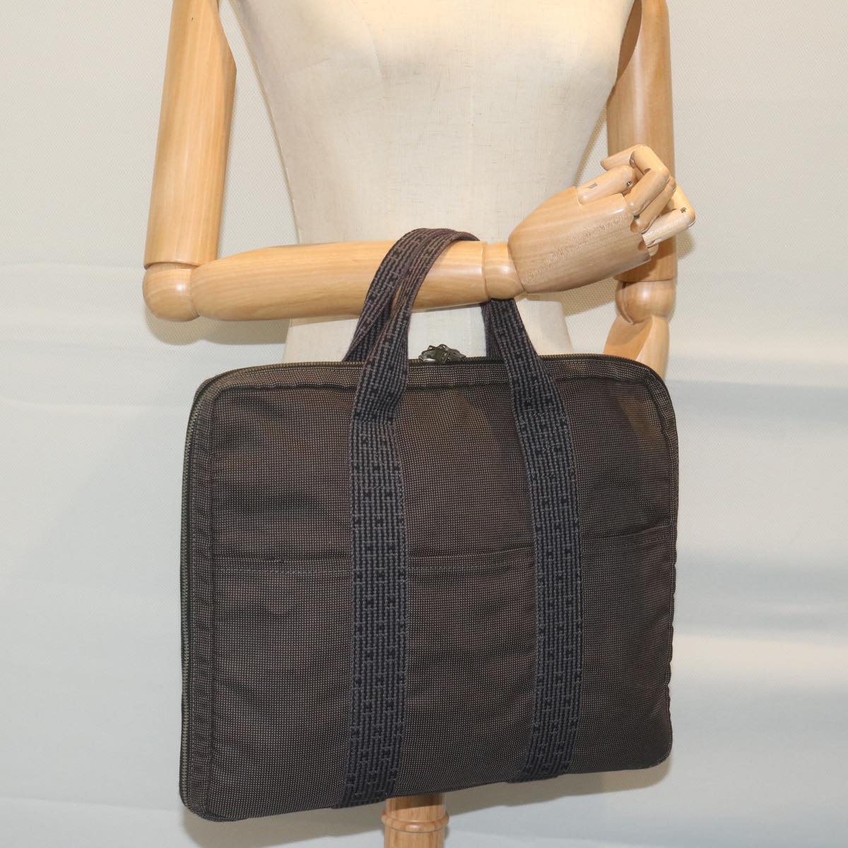 HERMES Her Line Hand Bag Canvas Gray Auth ai745