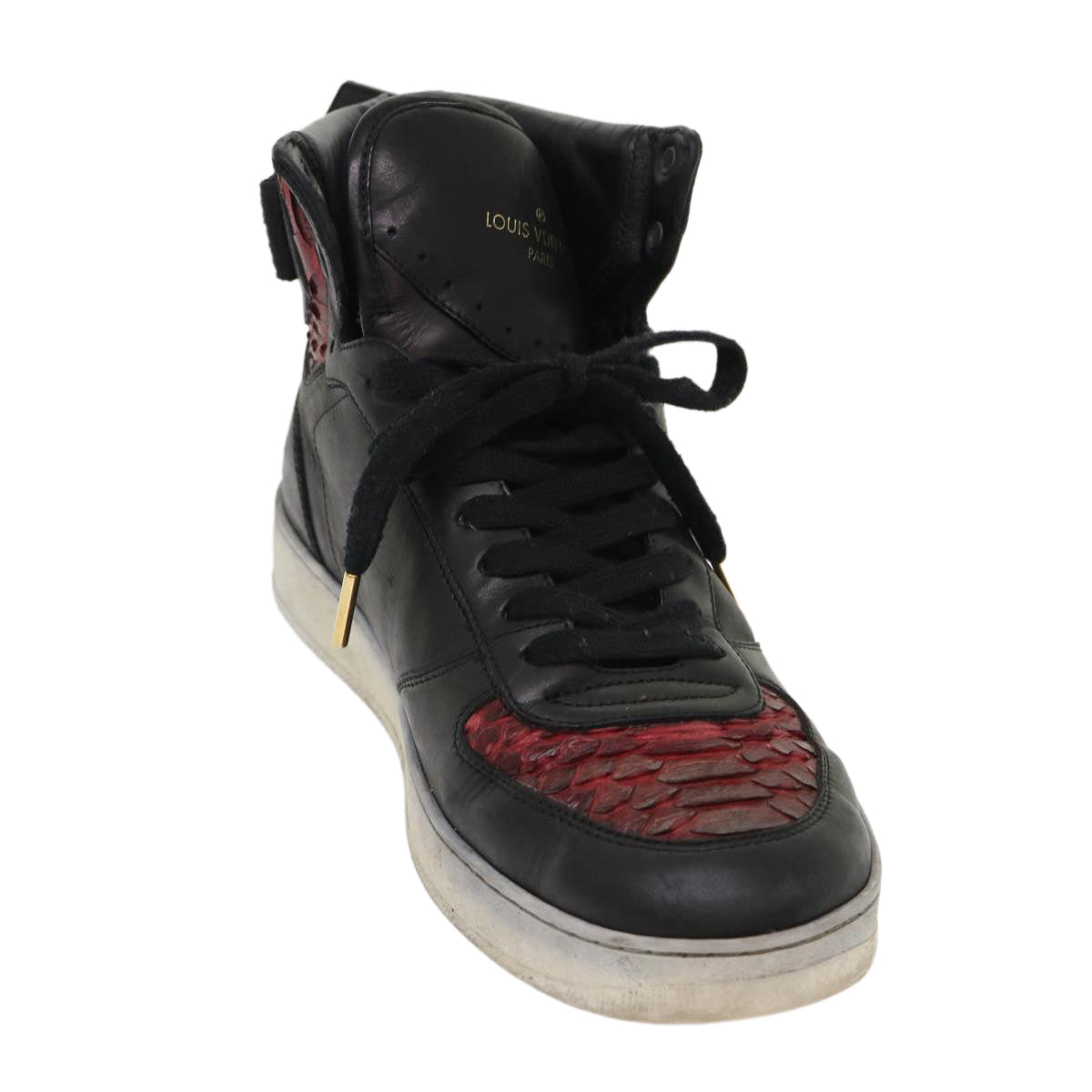 LOUIS VUITTON High Top Sneakers Exotic Leather 5.5 Black Red LV Auth ak201
