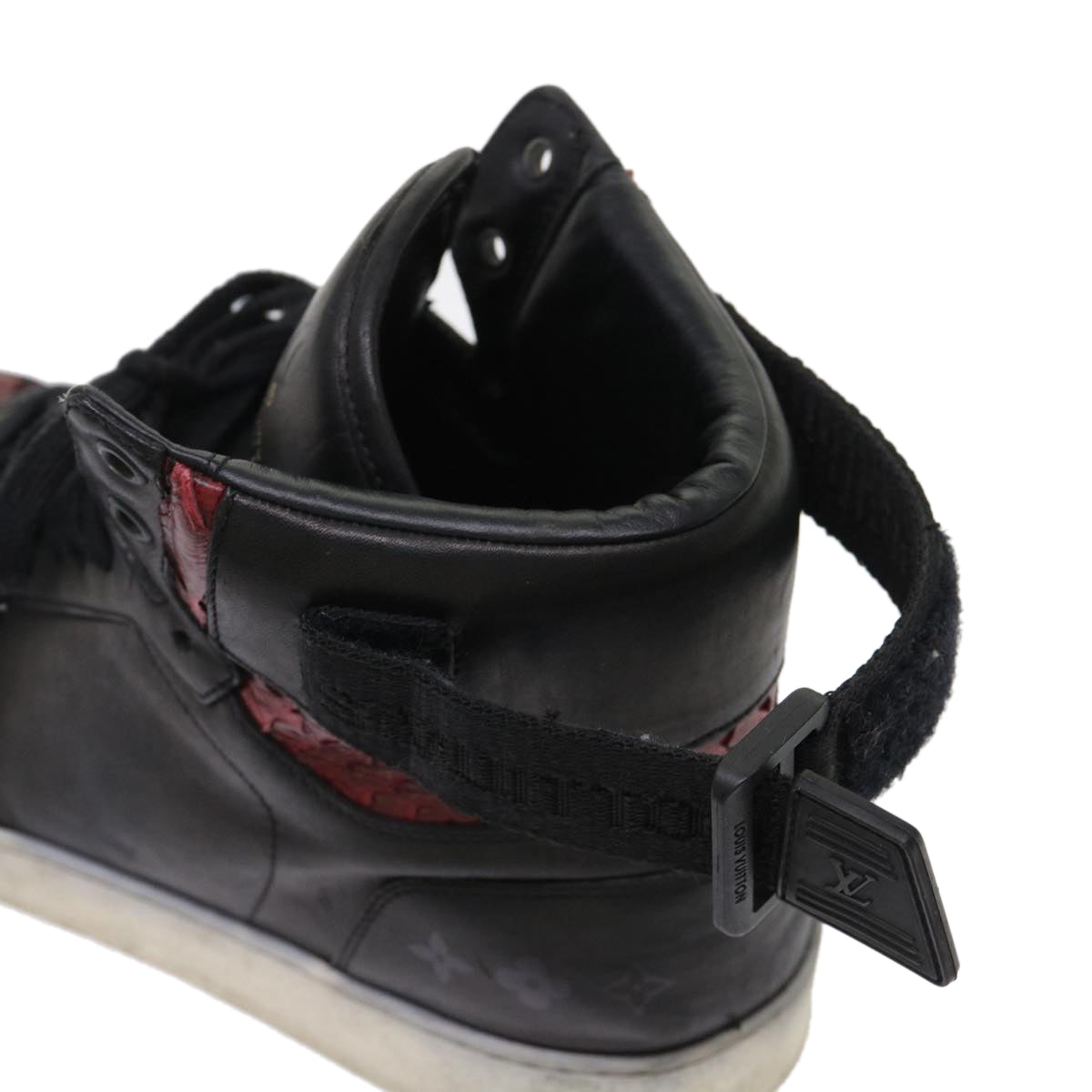 LOUIS VUITTON High Top Sneakers Exotic Leather 5.5 Black Red LV Auth ak201