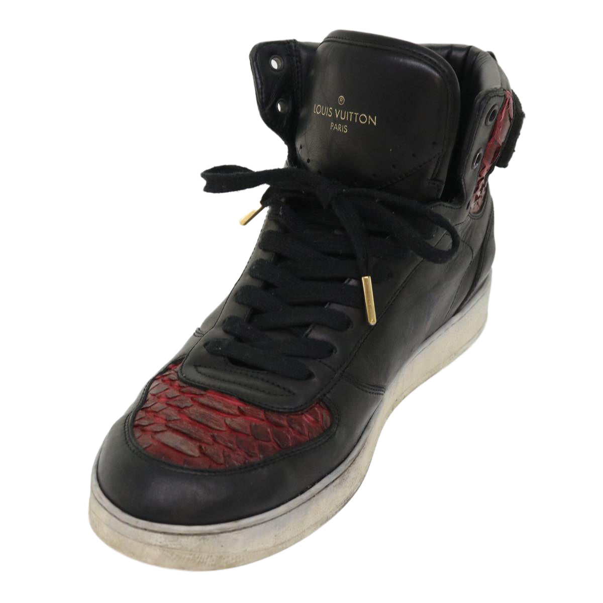 LOUIS VUITTON High Top Sneakers Exotic Leather 5.5 Black Red LV Auth ak201