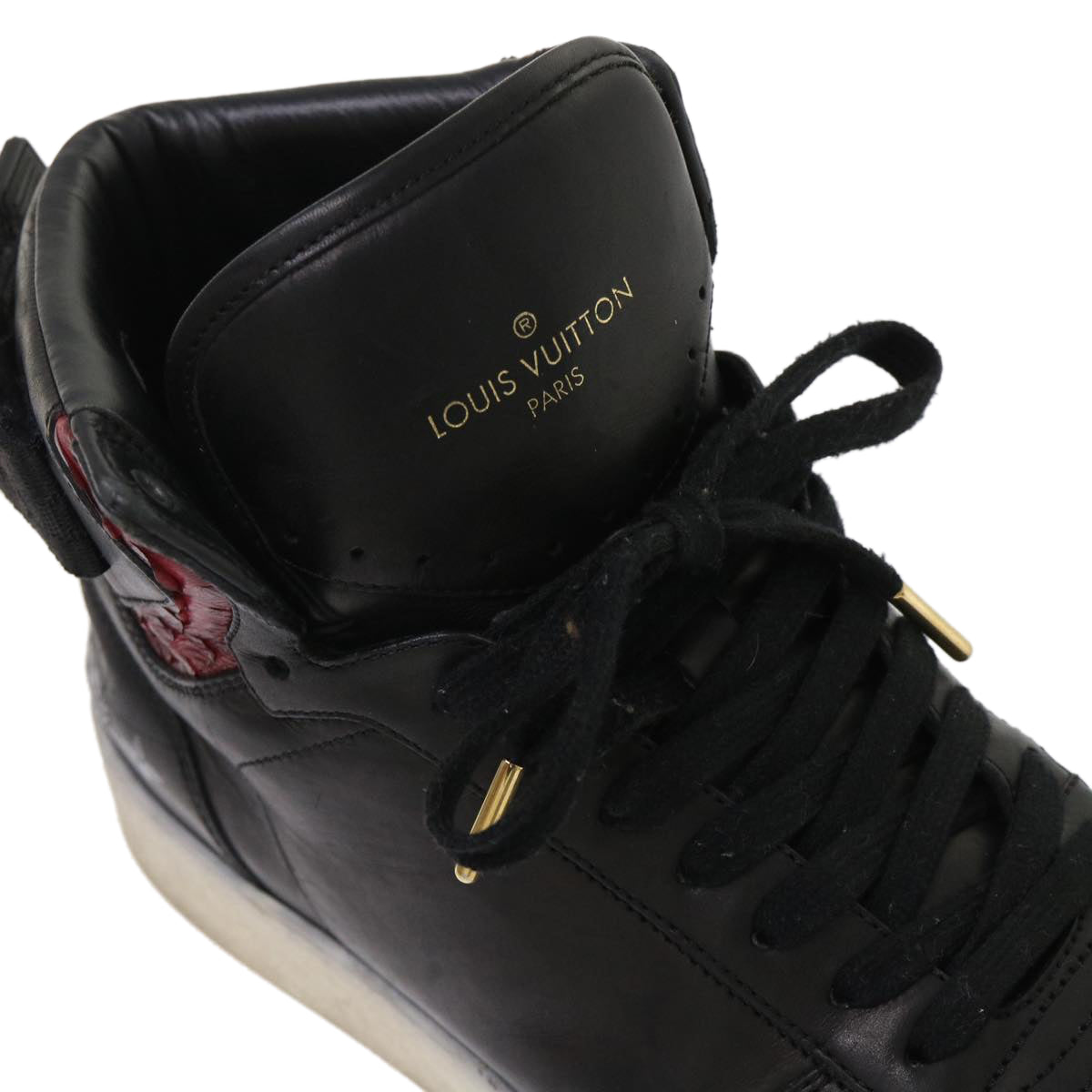 LOUIS VUITTON High Top Sneakers Exotic Leather 5.5 Black Red LV Auth ak201