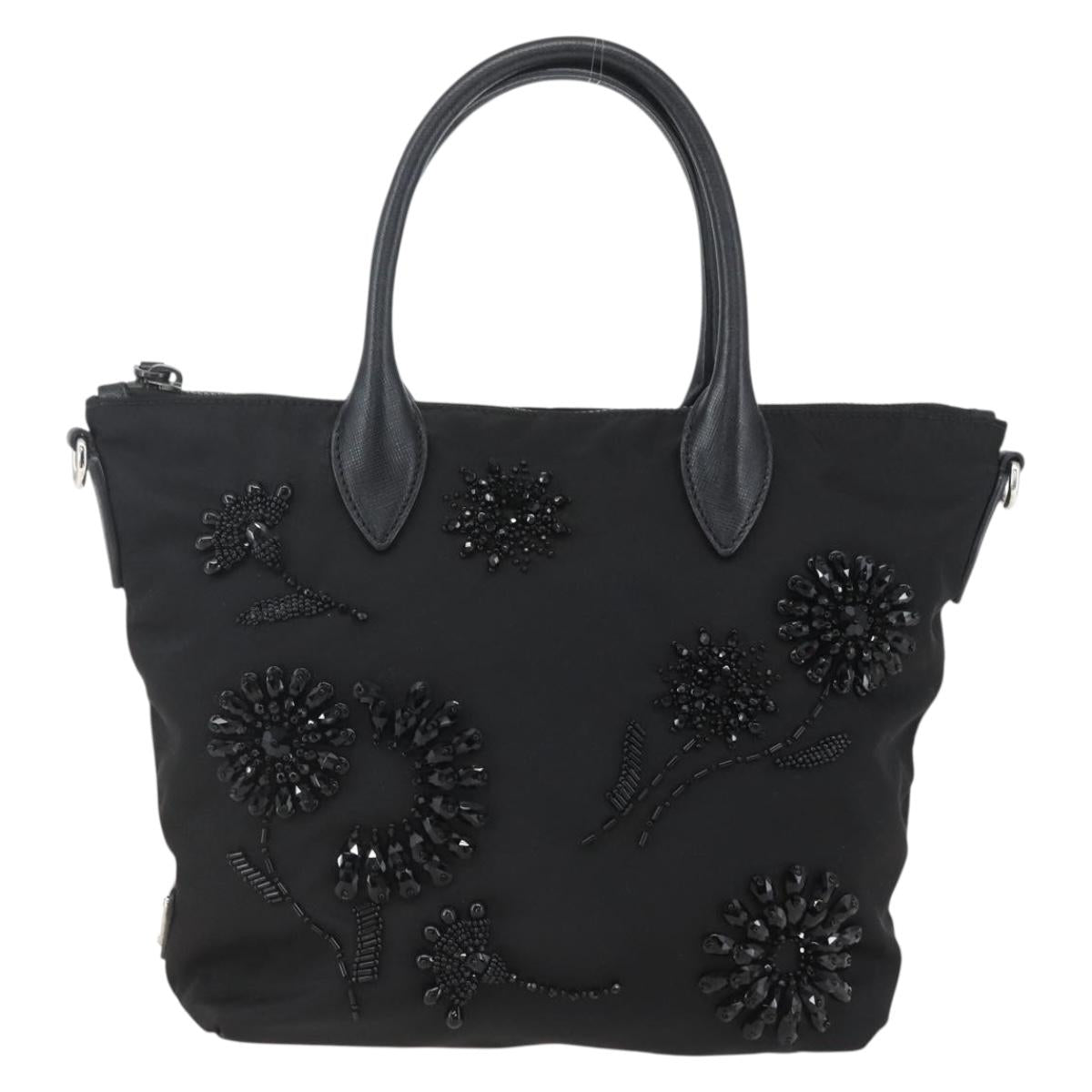 PRADA Beads Hand Bag Nylon Black Silver Auth am10030V