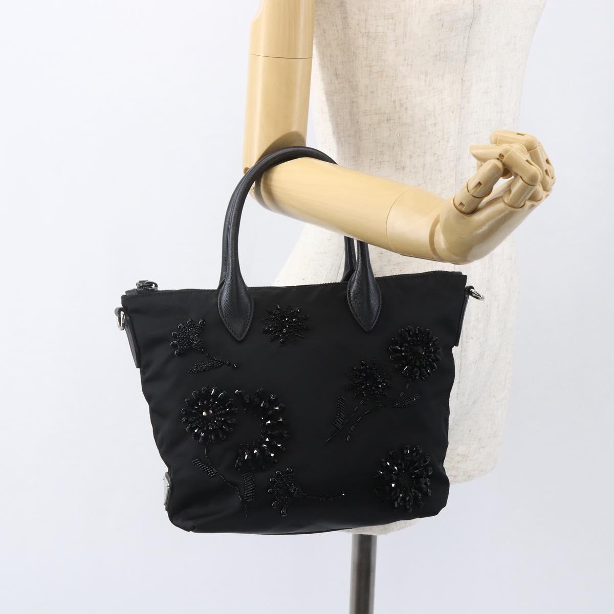 PRADA Beads Hand Bag Nylon Black Silver Auth am10030V