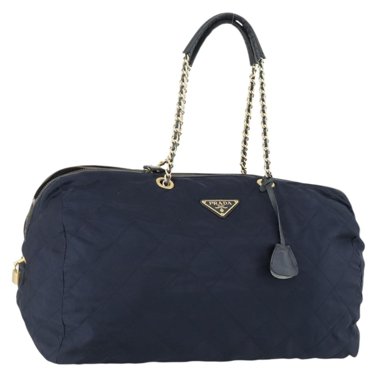 PRADA Chain Tote Bag Nylon Navy Gold Auth am10079