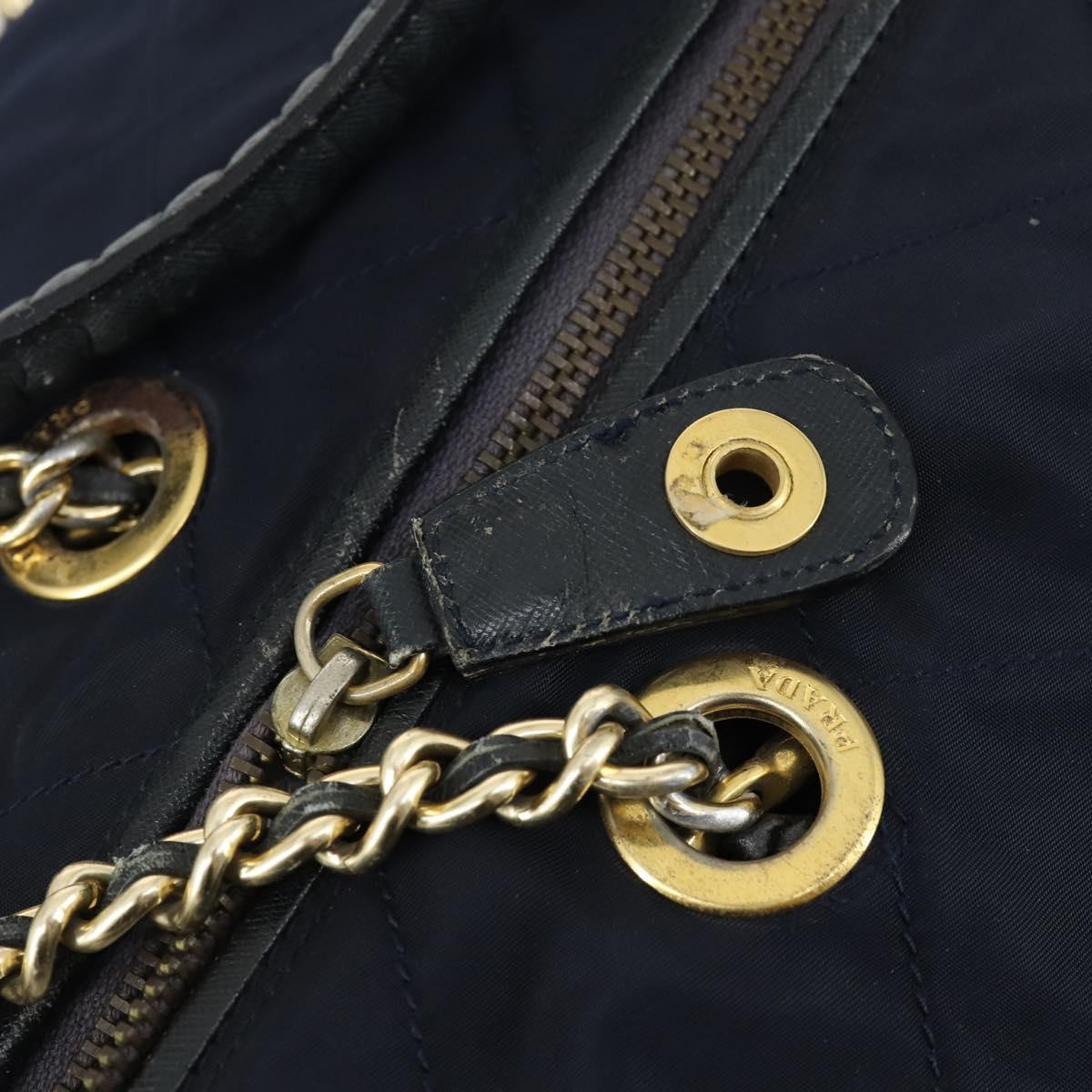 PRADA Chain Tote Bag Nylon Navy Gold Auth am10079