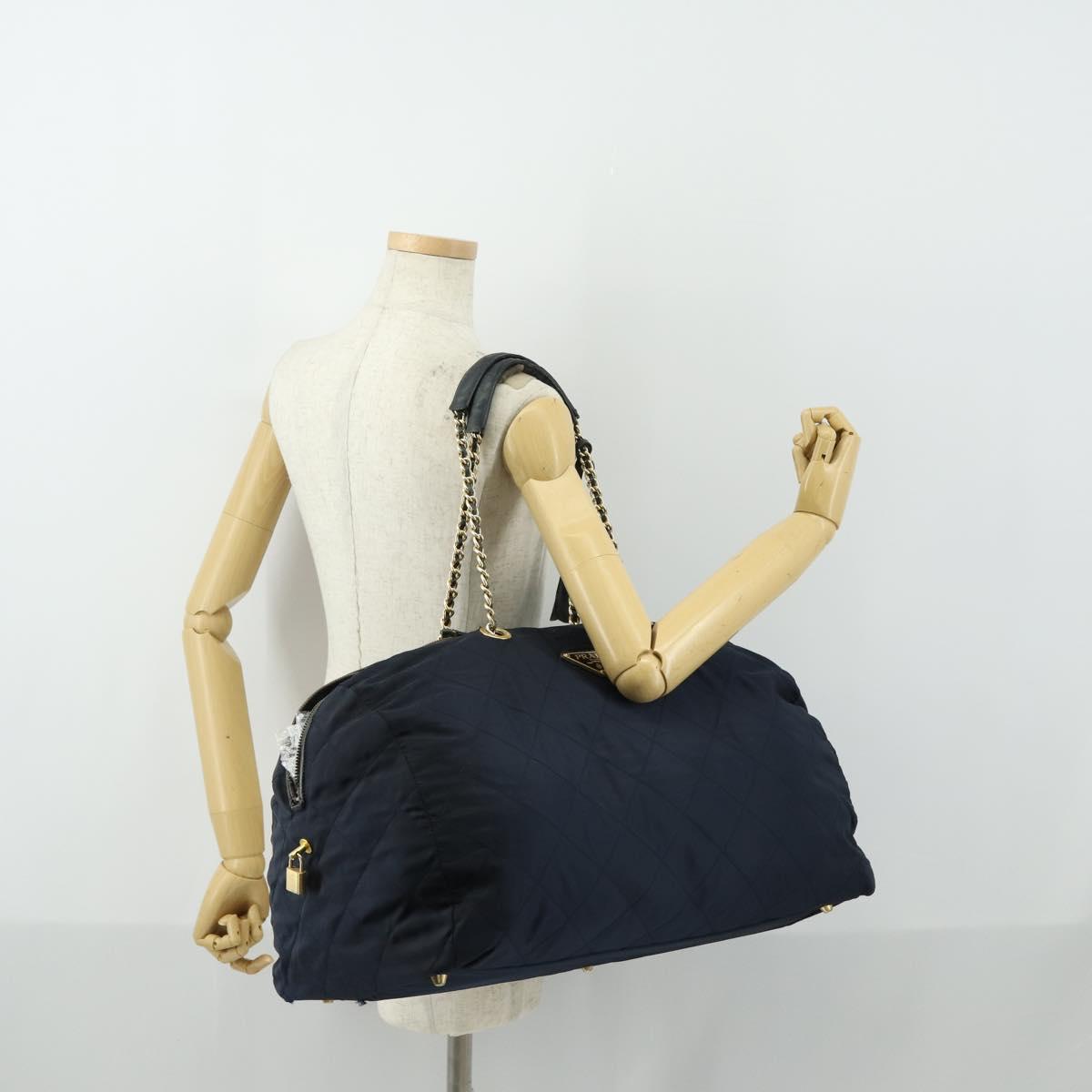 PRADA Chain Tote Bag Nylon Navy Gold Auth am10079