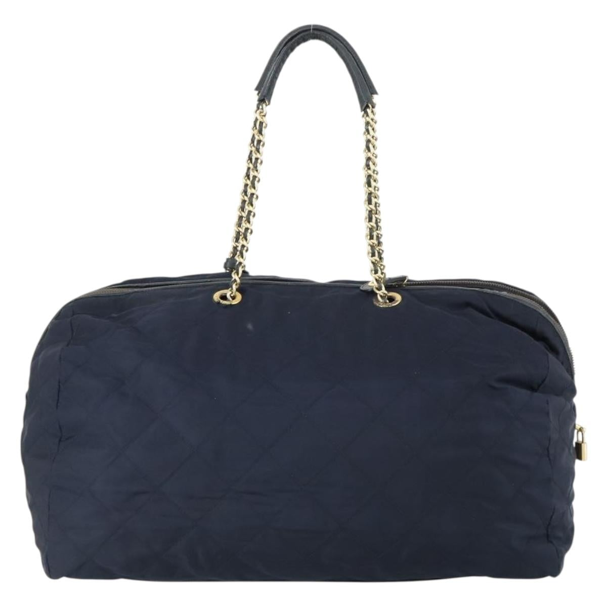 PRADA Chain Tote Bag Nylon Navy Gold Auth am10079