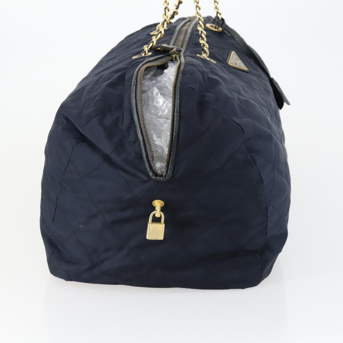 PRADA Chain Tote Bag Nylon Navy Gold Auth am10079