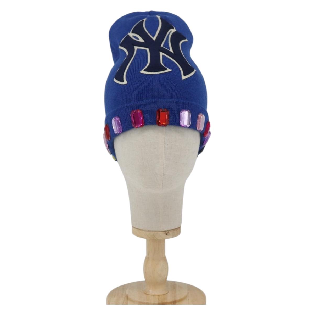 GUCCI NY Knitted Fabrics Hat Wool Blue Auth am10088V