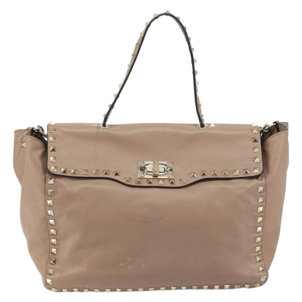 VALENTINO Studs Tote Bag Leather 2way Beige Gold Auth am10102