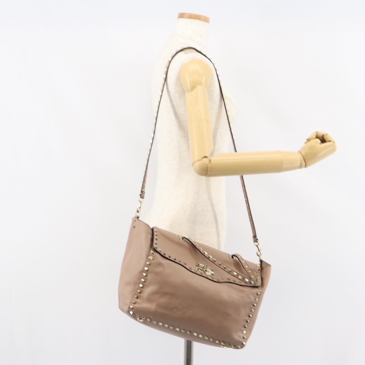 VALENTINO Studs Tote Bag Leather 2way Beige Gold Auth am10102