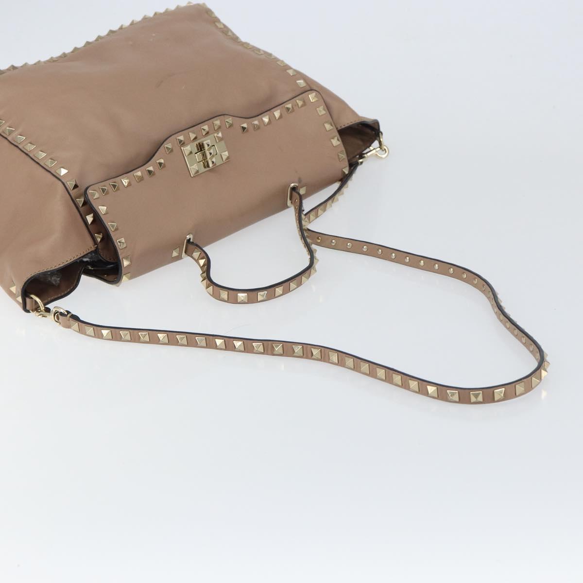 VALENTINO Studs Tote Bag Leather 2way Beige Gold Auth am10102