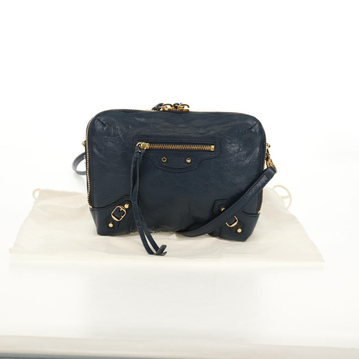 BALENCIAGA Classic Reporter Shoulder Bag Leather Navy Gold 488795 Auth am10138V