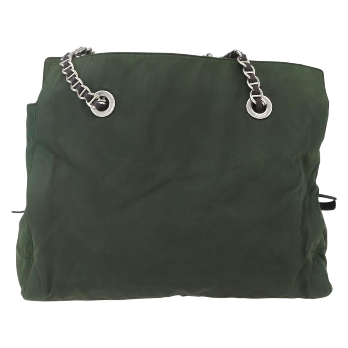 PRADA Chain Tote Bag Nylon Khaki Silver Auth am10142