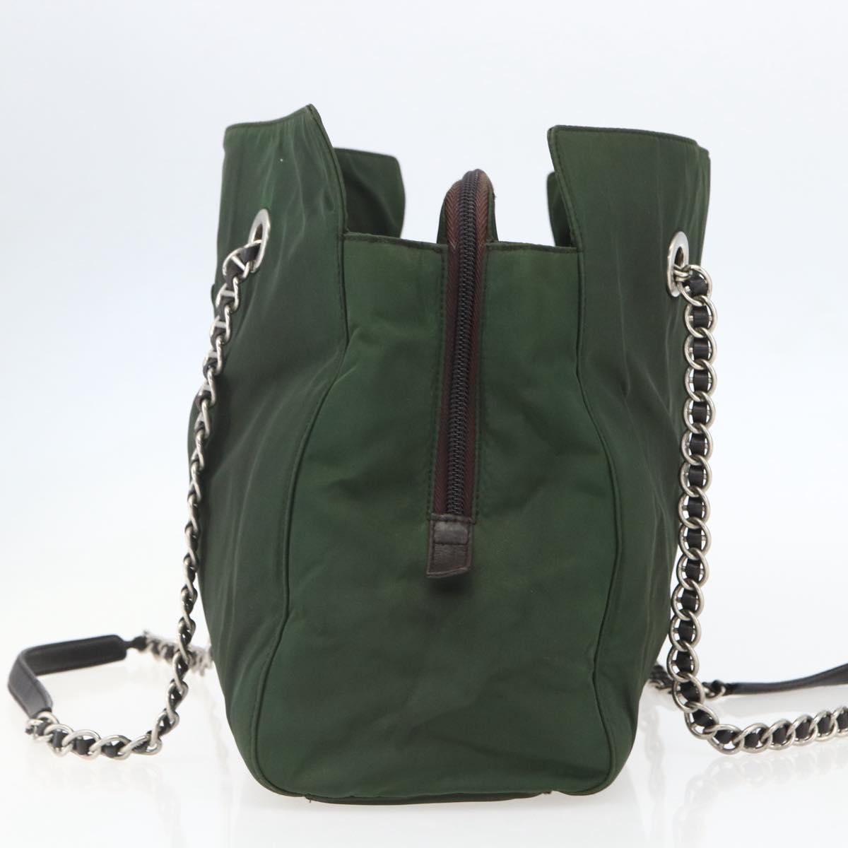 PRADA Chain Tote Bag Nylon Khaki Silver Auth am10142