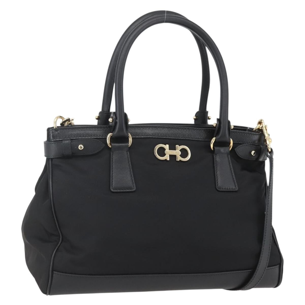 Salvatore Ferragamo Gancini Hand Bag Nylon Leather 2way Black Gold Auth am10197V