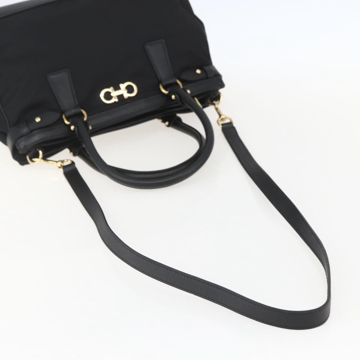 Salvatore Ferragamo Gancini Hand Bag Nylon Leather 2way Black Gold Auth am10197V