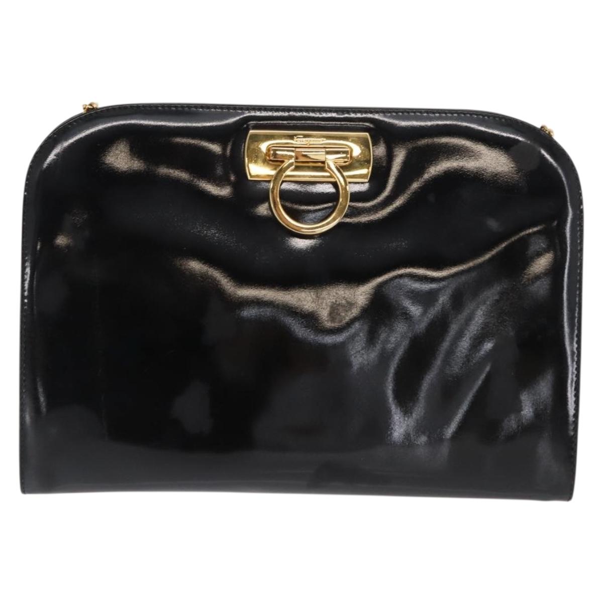 Salvatore Ferragamo Chain Gancini Shoulder Bag Enamel Black Gold Auth am10237