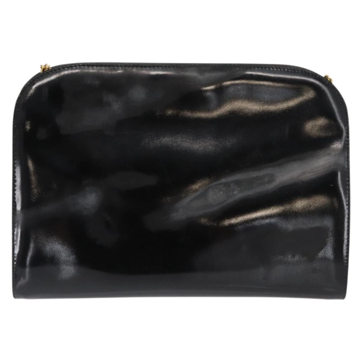 Salvatore Ferragamo Chain Gancini Shoulder Bag Enamel Black Gold Auth am10237