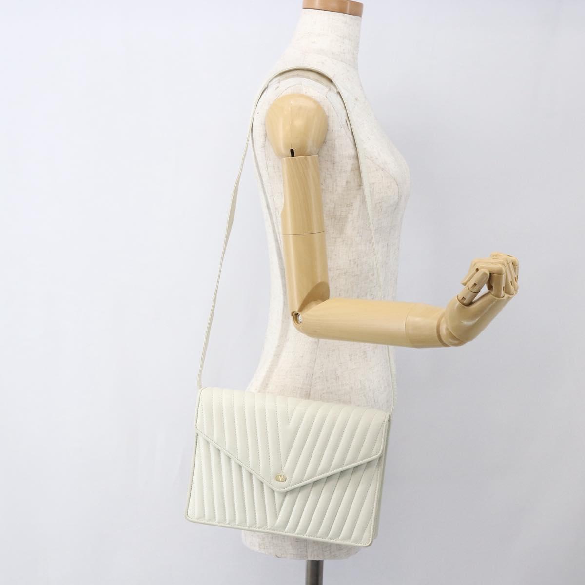 VALENTINO V stitch Shoulder Bag Leather White Gold Auth am10239