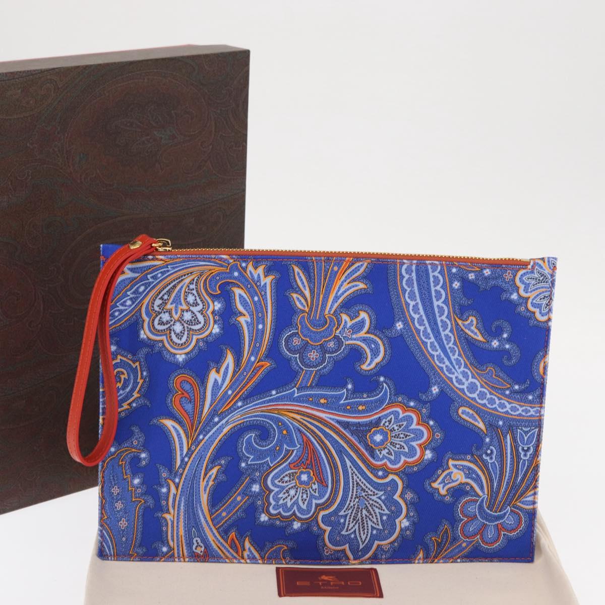 ETRO Paisley Clutch Bag Canvas Leather Blue Gold Auth am10247V