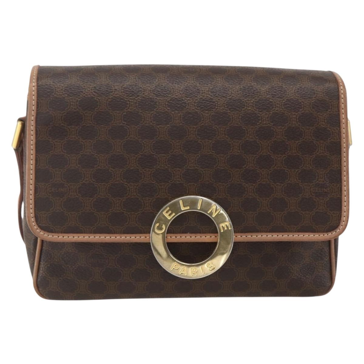 CELINE Macadam Canvas Circle Shoulder Bag PVC Leather Brown Gold Auth am10257V