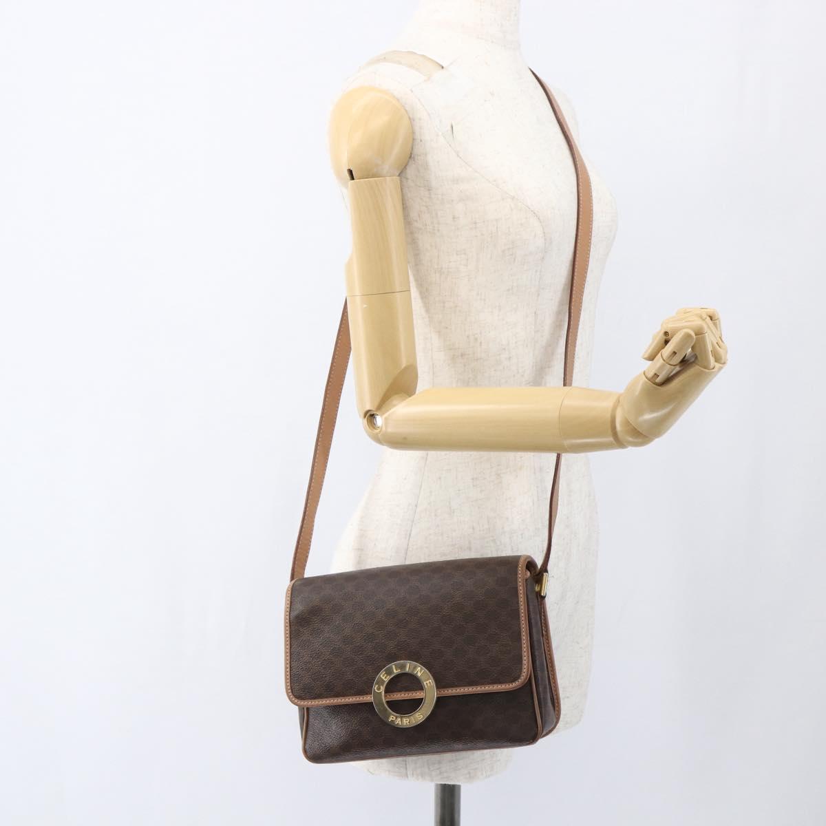 CELINE Macadam Canvas Circle Shoulder Bag PVC Leather Brown Gold Auth am10257V