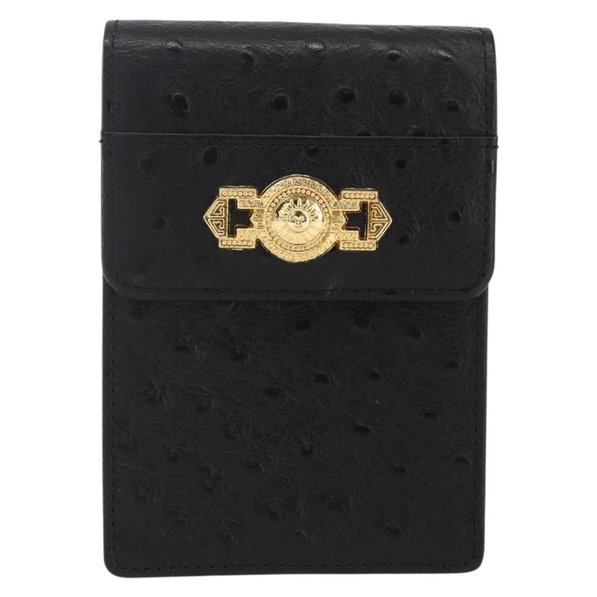Gianni Versace sunbird Cigarette Case Leather Black Gold Auth am10291