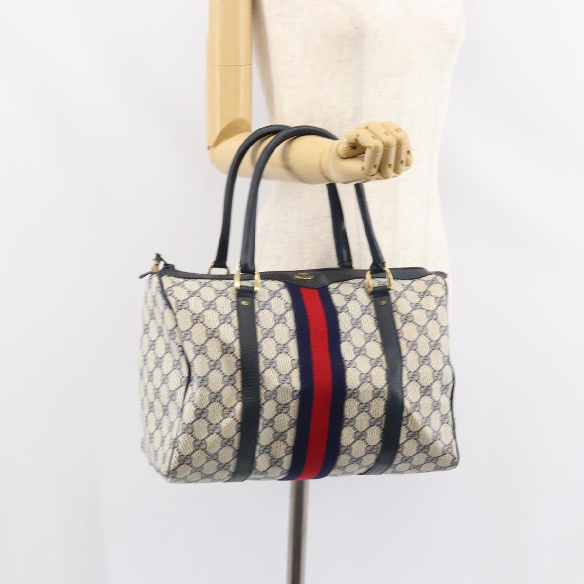 GUCCI GG Supreme Sherry Line Mini Boston Bag PVC Navy Gold Auth am10364