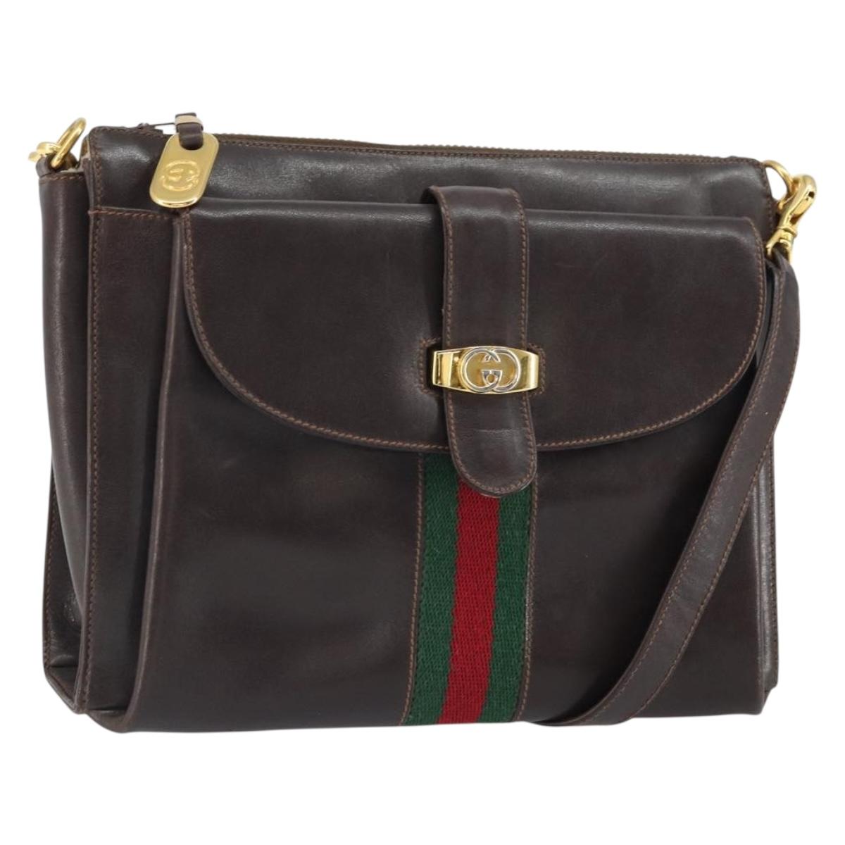 GUCCI Old Web Sherry Line Shoulder Bag Leather Brown Gold Red Auth am10444