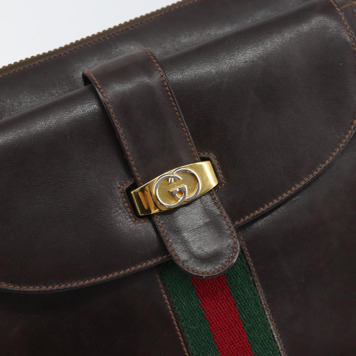 GUCCI Old Web Sherry Line Shoulder Bag Leather Brown Gold Red Auth am10444