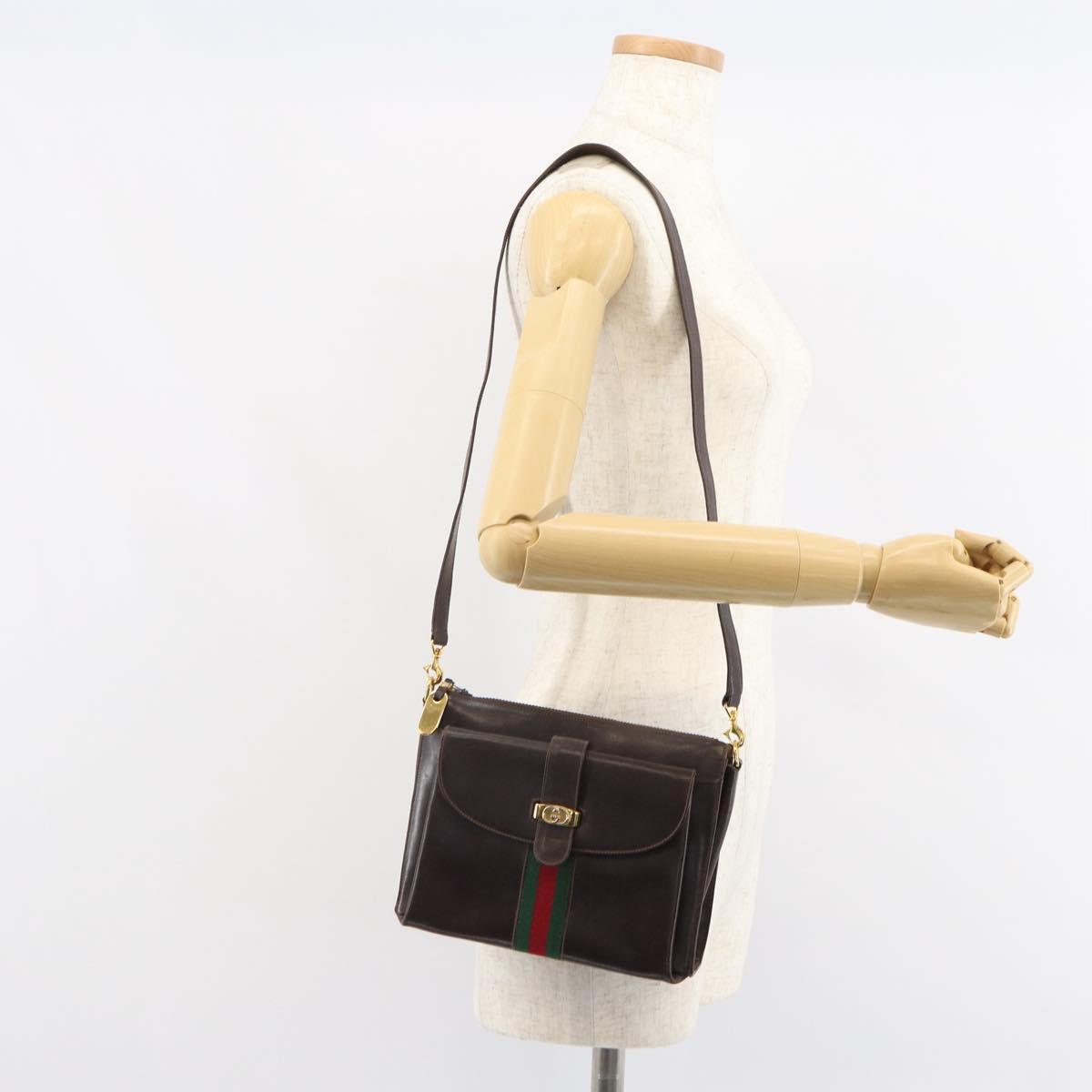 GUCCI Old Web Sherry Line Shoulder Bag Leather Brown Gold Red Auth am10444