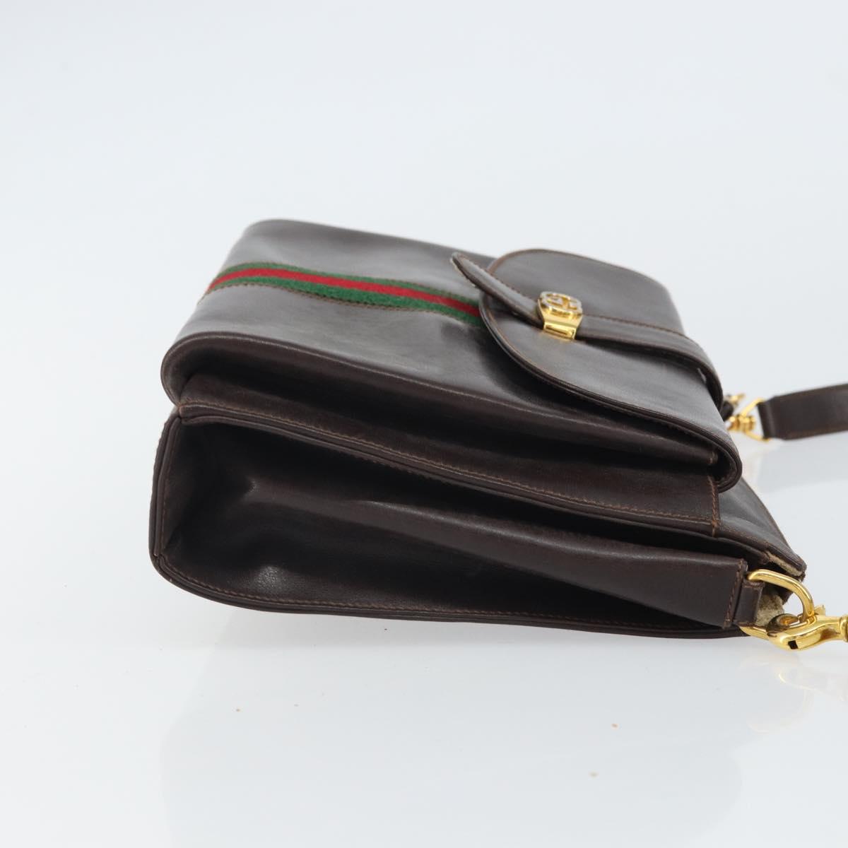 GUCCI Old Web Sherry Line Shoulder Bag Leather Brown Gold Red Auth am10444