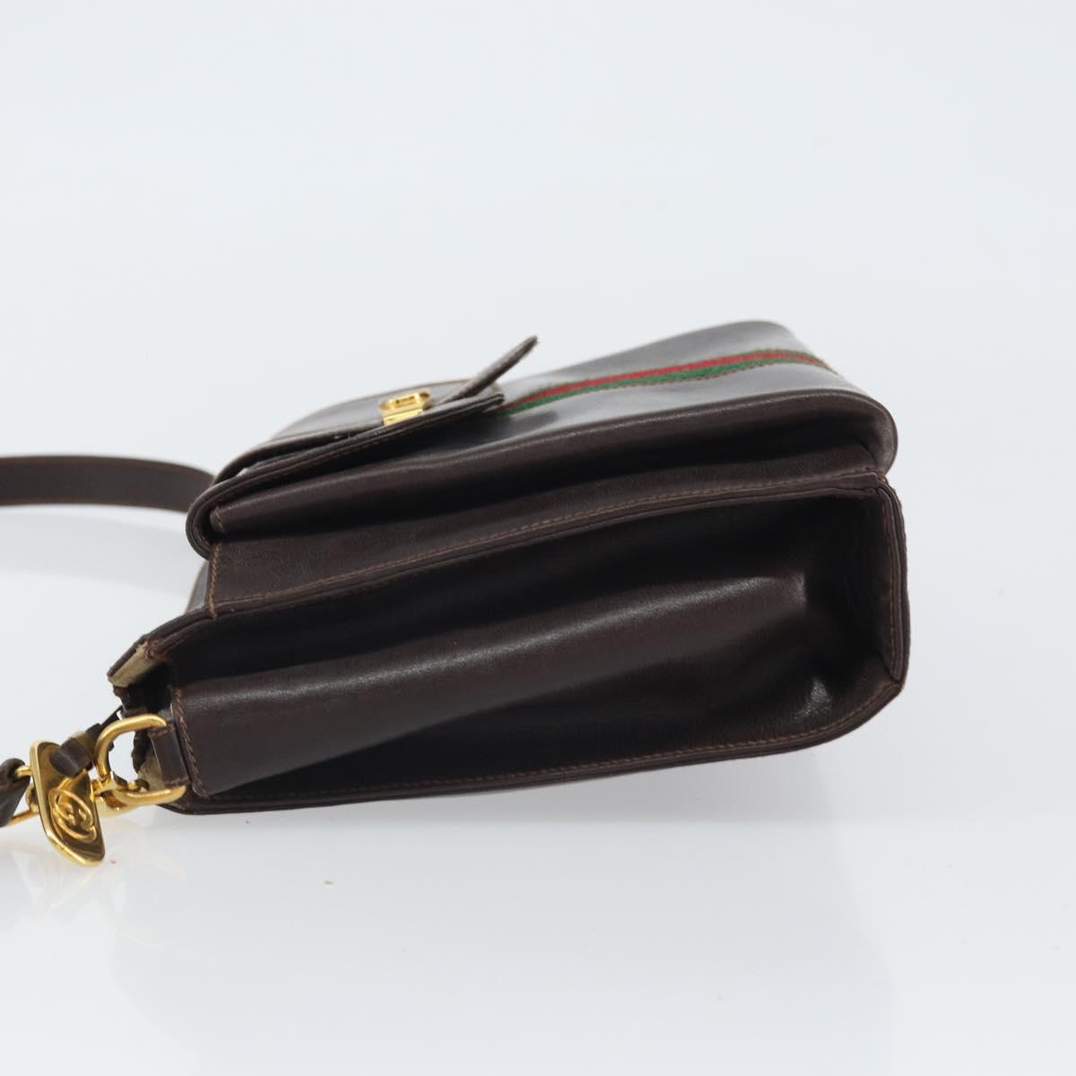 GUCCI Old Web Sherry Line Shoulder Bag Leather Brown Gold Red Auth am10444