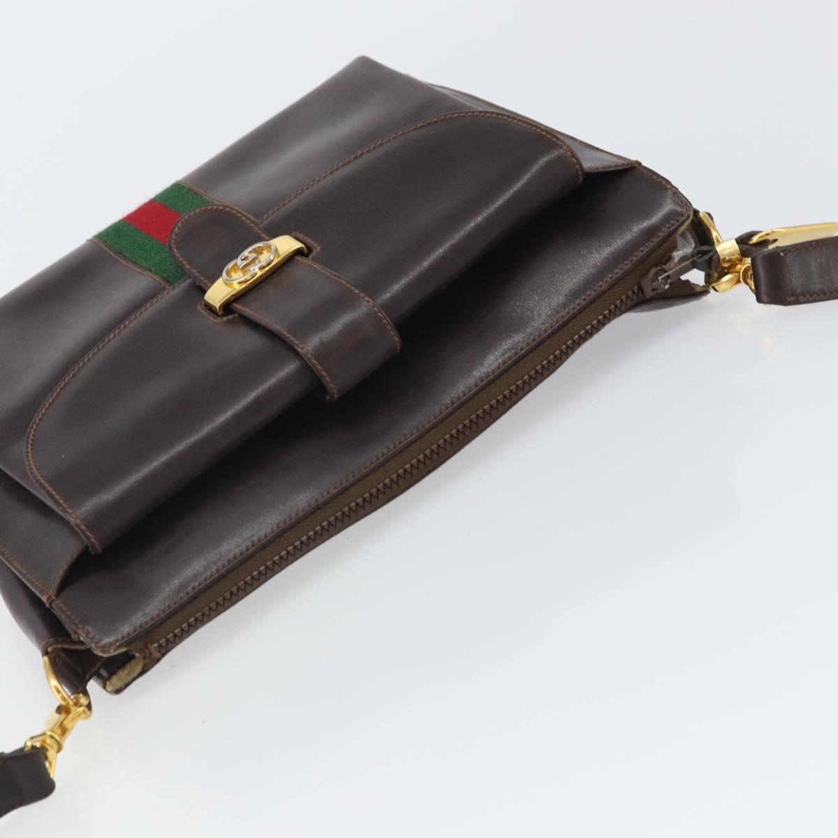 GUCCI Old Web Sherry Line Shoulder Bag Leather Brown Gold Red Auth am10444