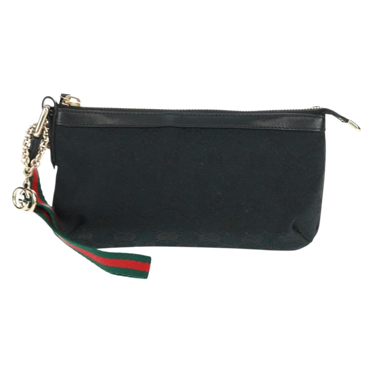 GUCCI GG Canvas Web Sherry Line Accessory Pouch Black Gold 191184 Auth am10471V