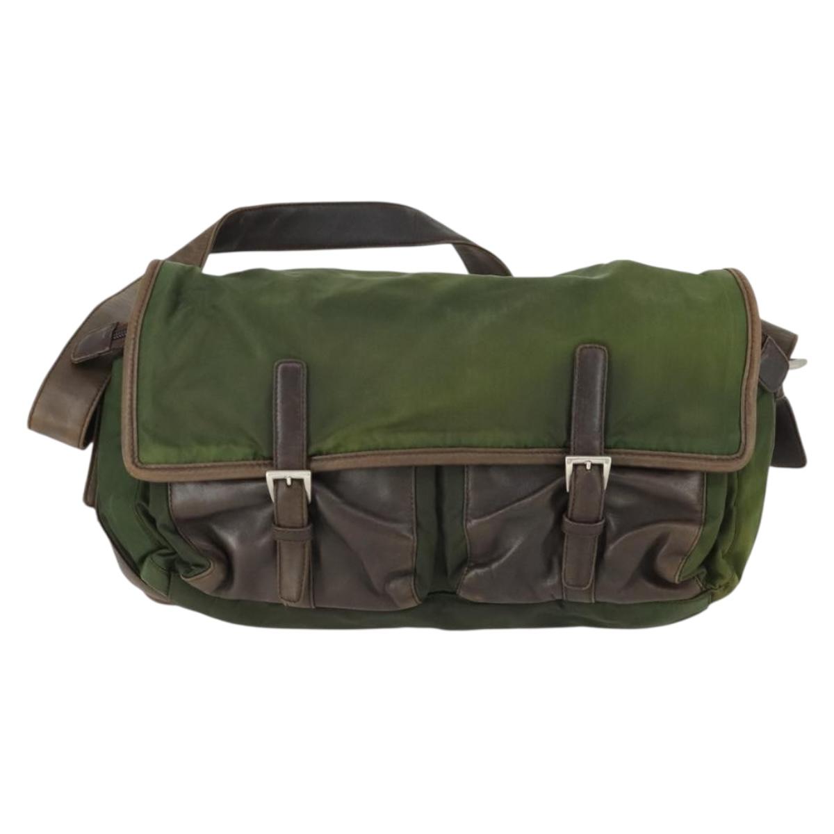 PRADA Shoulder Bag Nylon Khaki Silver Auth am10515