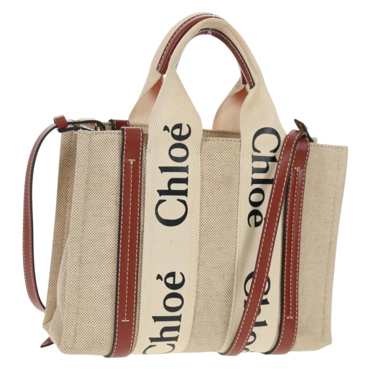 Chloe Woody Hand Bag Canvas 2way Beige Gold Auth am10533V