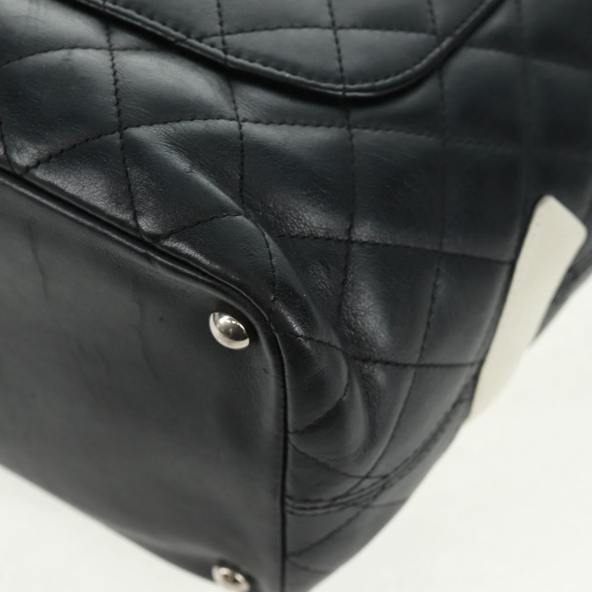 CHANEL Cambon Line Tote Bag Lamb Skin Black Silver CC Auth am10535V