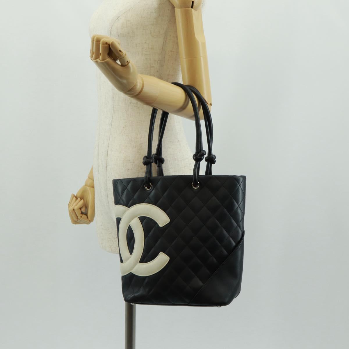 CHANEL Cambon Line Tote Bag Lamb Skin Black Silver CC Auth am10535V