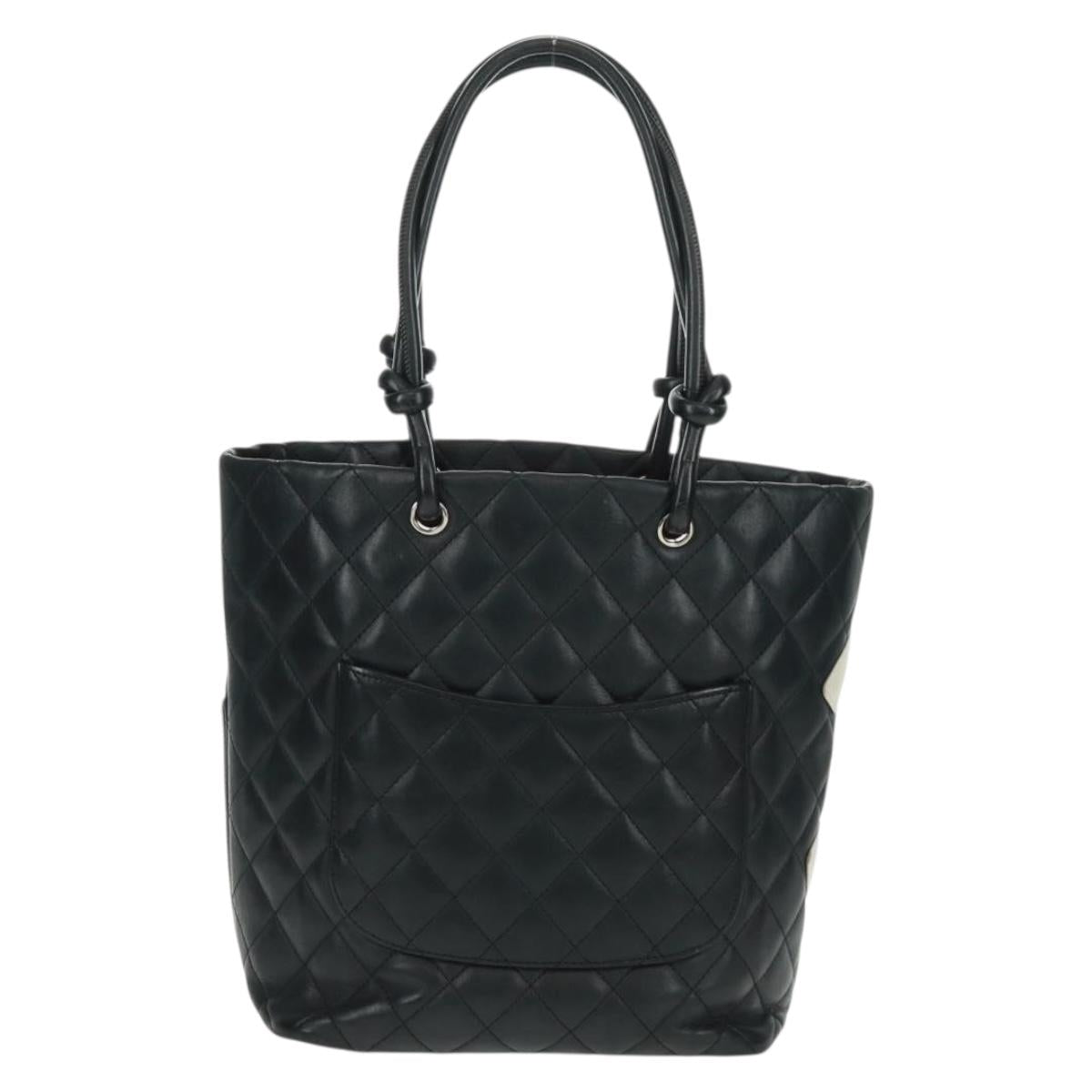 CHANEL Cambon Line Tote Bag Lamb Skin Black Silver CC Auth am10535V