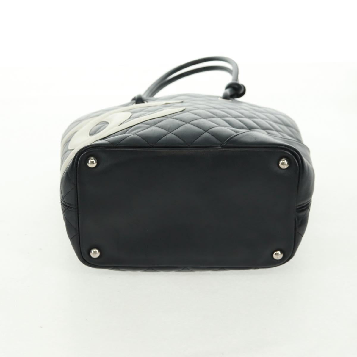CHANEL Cambon Line Tote Bag Lamb Skin Black Silver CC Auth am10535V