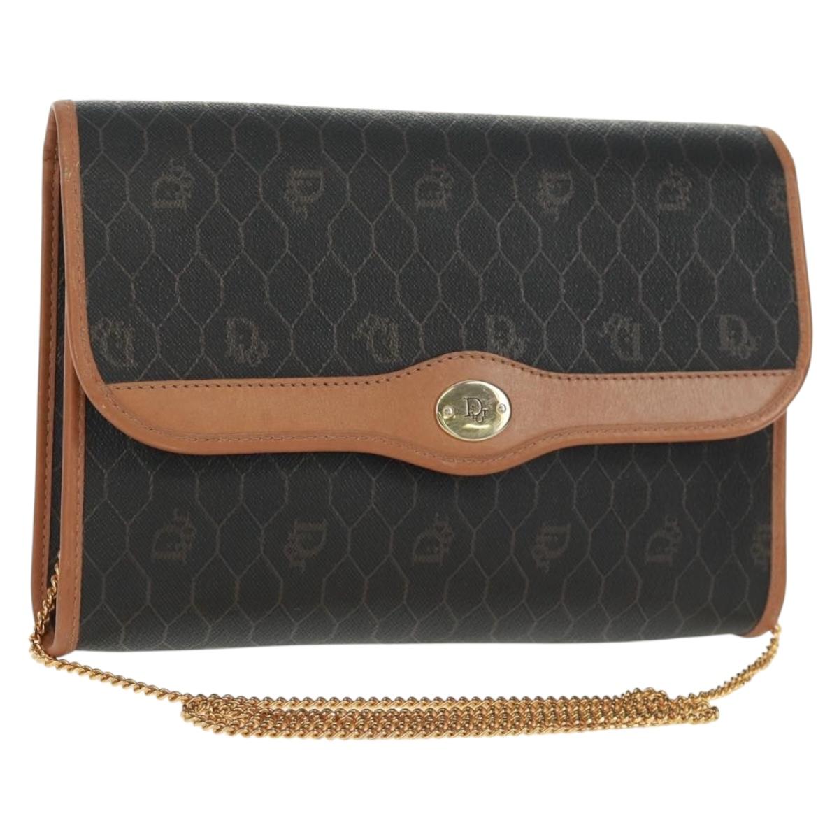 Christian Dior Honeycomb Canvas Chain Shoulder Bag Black Gold Auth am10539V