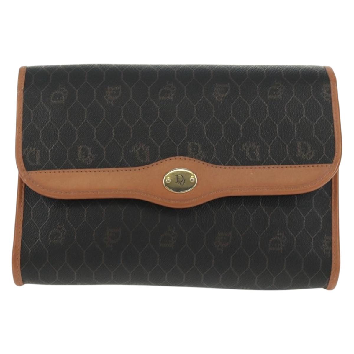 Christian Dior Honeycomb Canvas Chain Shoulder Bag Black Gold Auth am10539V