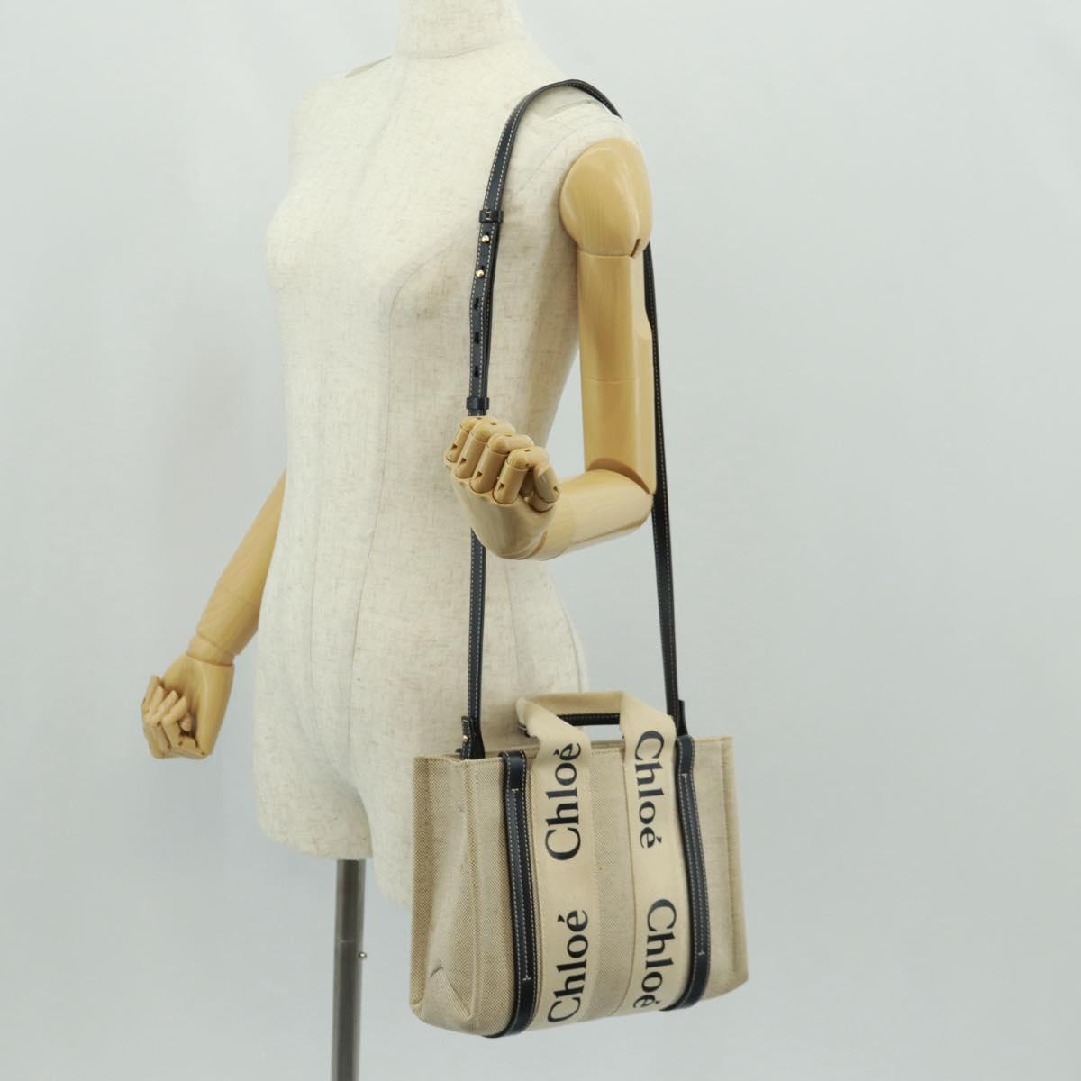 Chloe Woody Hand Bag Canvas 2way Ivory Gold Auth am10546V