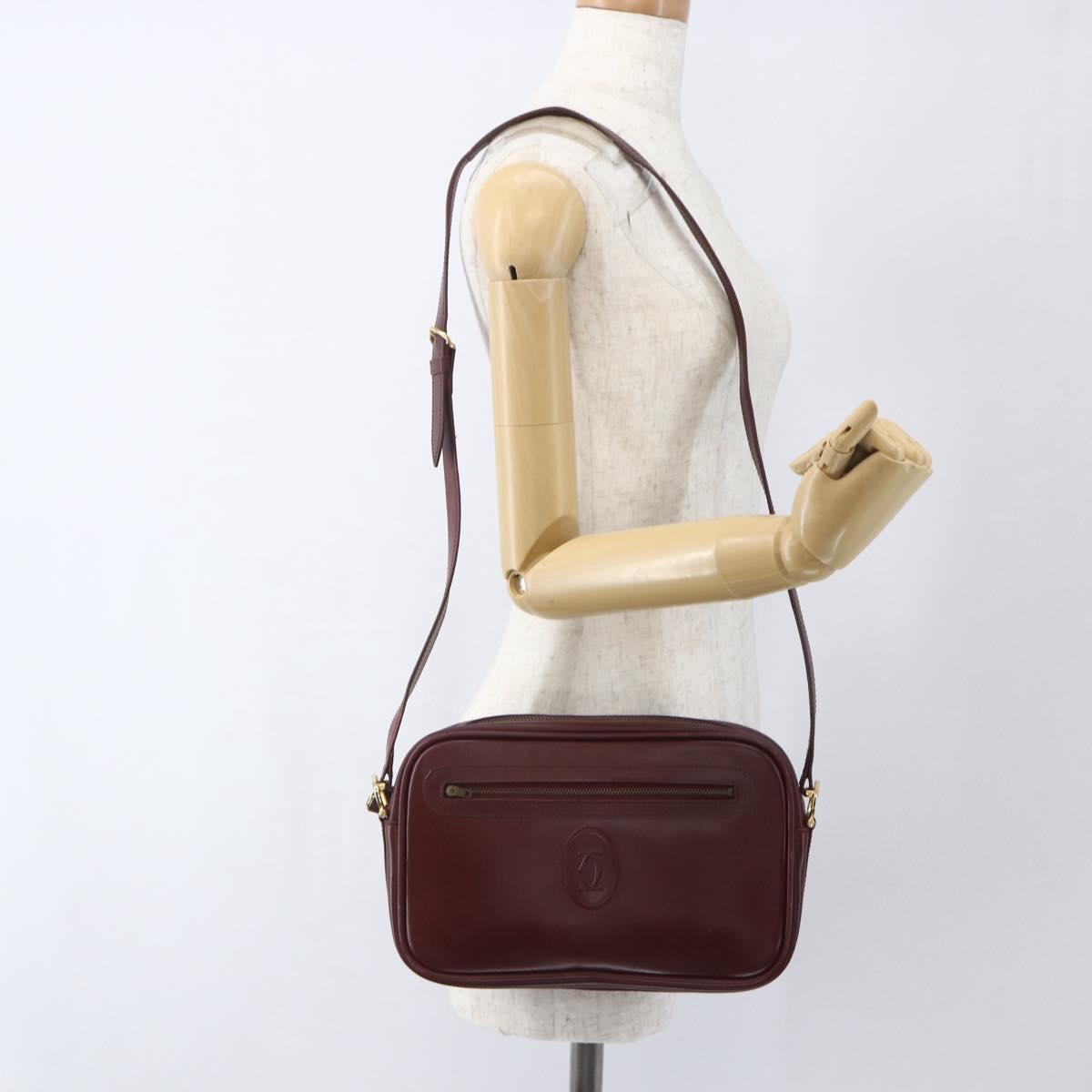 CARTIER Shoulder Bag Leather Bordeaux Gold Auth am10589