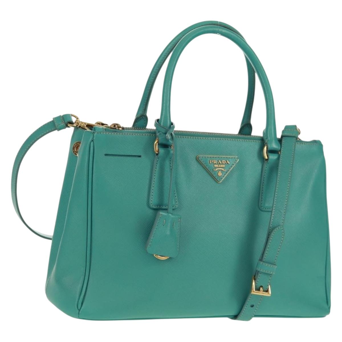 PRADA Hand Bag Safiano Leather 2way Gold Emerald Green Auth am10595V