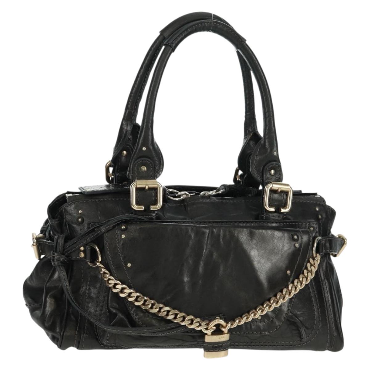 Chloe Chain Paddington Hand Bag Leather Black Gold Silver Auth am10606V
