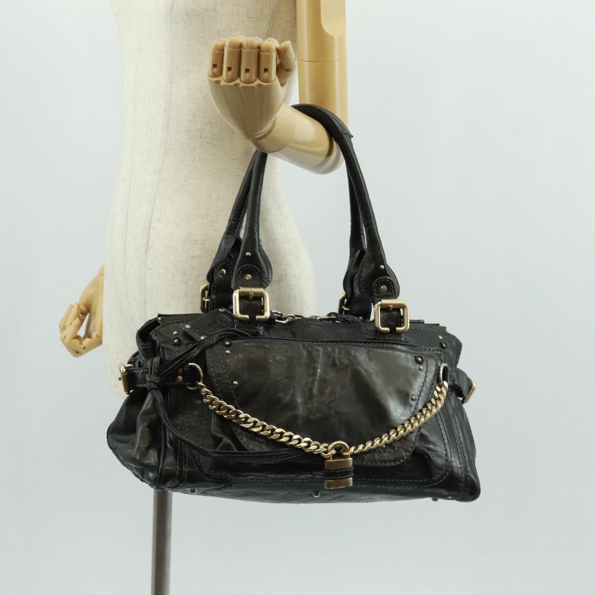 Chloe Chain Paddington Hand Bag Leather Black Gold Silver Auth am10606V