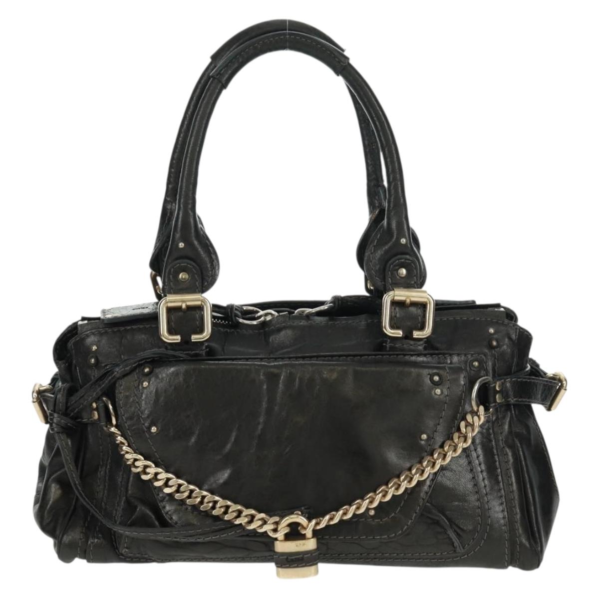 Chloe Chain Paddington Hand Bag Leather Black Gold Silver Auth am10606V